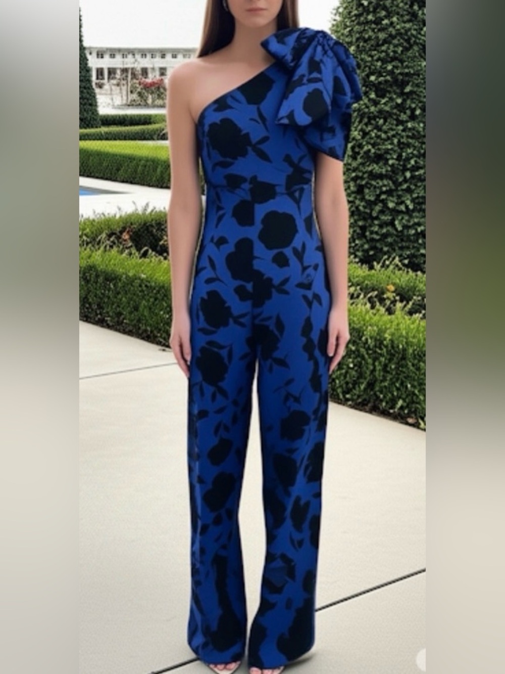 Kate spade new One-Shoulder Blue Floral Jumpsuit with Statement Bow
